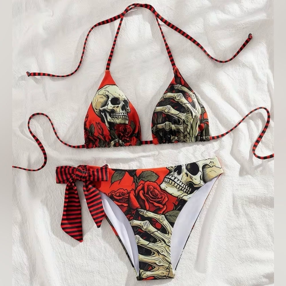 Red Skull Rose Halter Bikini Set